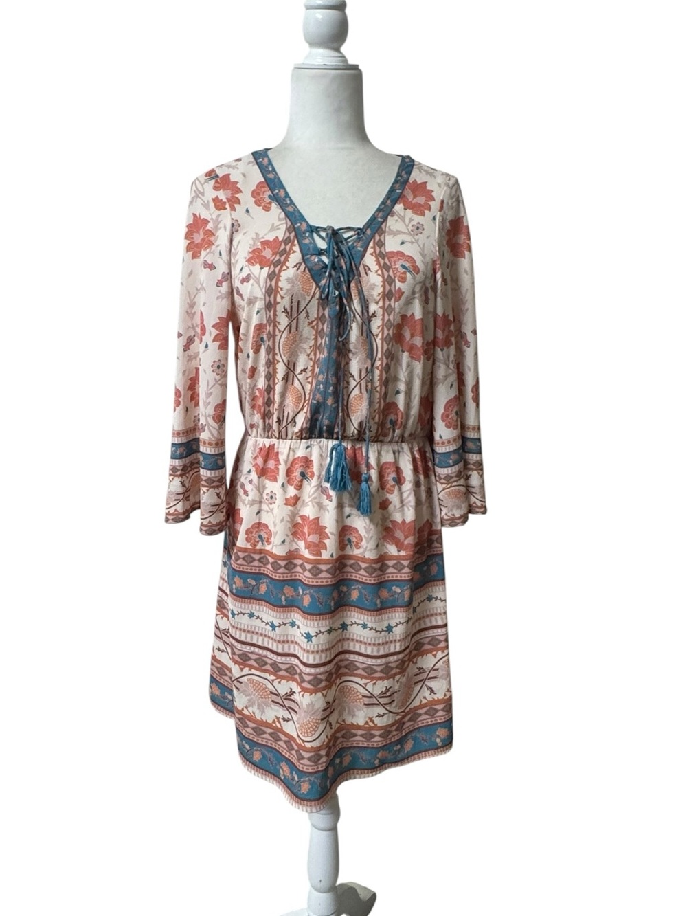 Flying Tomato aztec Tribal boho smocked waist lace up medoum dress